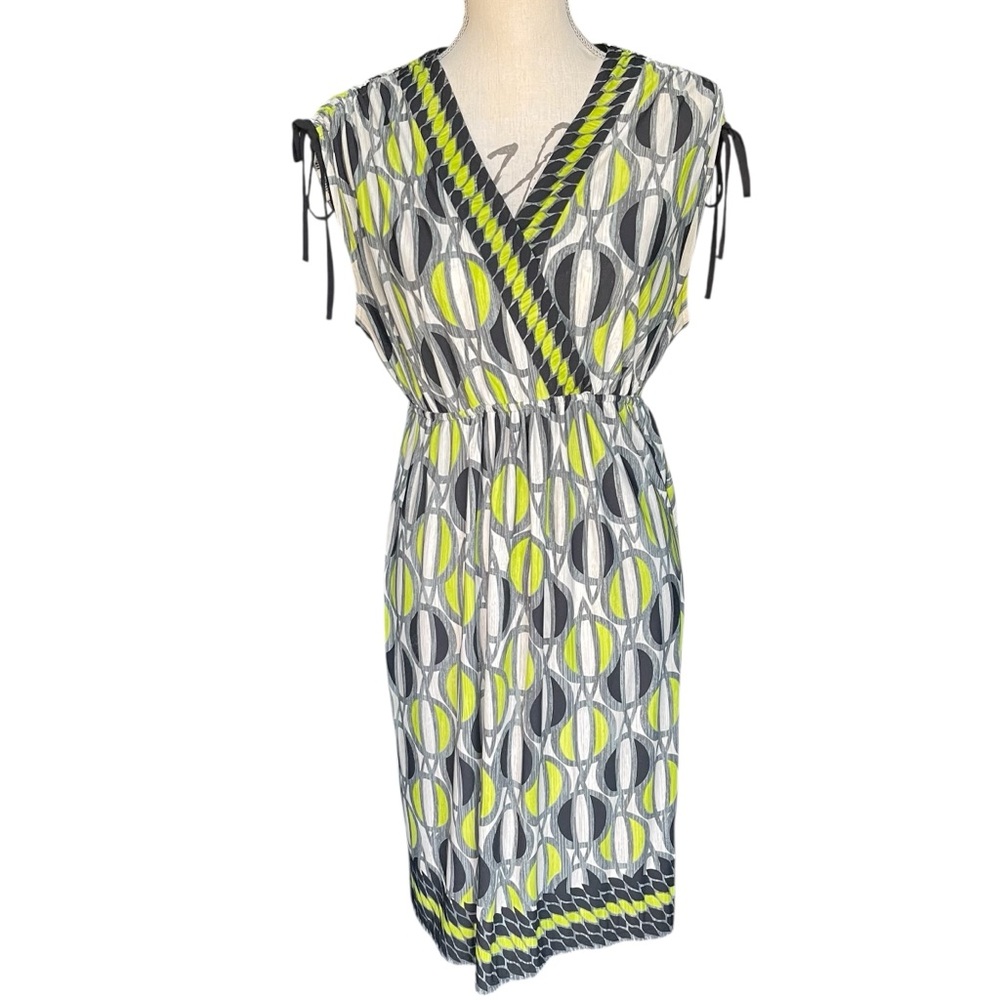 London Times Black/White/Grey/Yellow V-Neck Sleeveless Blouson Midi Dress (10)